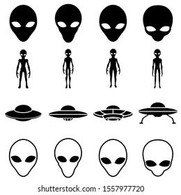 Alien and UFO set icon, logo isolated on white background