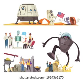 Alien ufo set of isolated compositions with doodle characters of people and humanoids cyborgs contact situations vector illustration