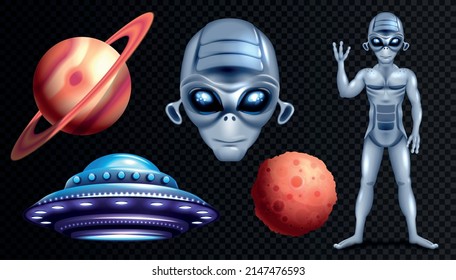 Alien ufo set on transparent background realistic isolated vector illustration