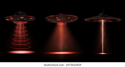 Alien UFO set with red light rays. Realistic vector flying saucers with alien light with effective smoke and particles on an isolated black background. Vector illustration.