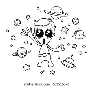 alien and ufo in space doodle