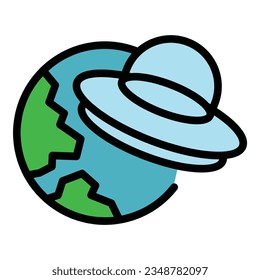Vector de contorno de icono de espacio Alien ufo. Cómic monstruoso. Color de juego divertido plano