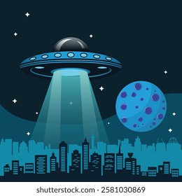 alien UFO spaceship from the house in the dark night sky vector illustration. Alien vector, Alien banner, Alien poster design element.