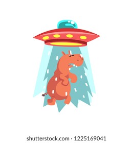 Alien UFO spaceship taking away hippo, flying saucer taking animal using light beam vector Illustration on a white background