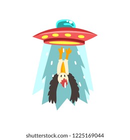 Alien UFO spaceship taking away eagle, flying saucer taking bird using light beam vector Illustration on a white background