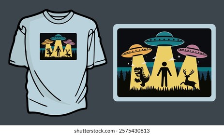  Alien and UFO T-shirt Design Featuring a Forest Scene and Vibrant Flying Saucers