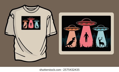 Alien and UFO T-shirt Design Featuring a Forest Scene and Vibrant Flying Saucers