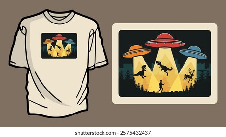 Alien and UFO T-shirt Design Featuring a Forest Scene and Vibrant Flying Saucers