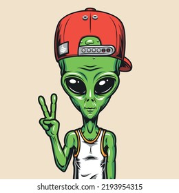 Alien UFO Vintage farbiges Emblem humanoid zeigt Buchstabe V mit Fingern Martian, der von galaxischer Vektorgrafik gekommen ist