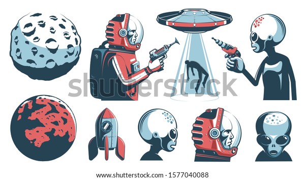 Alien UFO vintage set with\
astronaut and martian. Space retro design elements. Vector\
illustration.