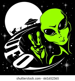 Alien UFO welcomes against the background of the moon vector illustration