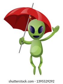 Alien with umbrella, illustration, vector on white background.