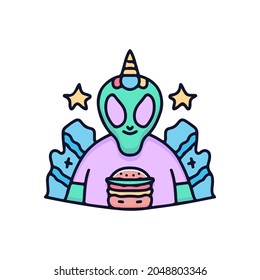 Alien unicorn with burger illustration. Vector graphics for t-shirt prints and other uses.