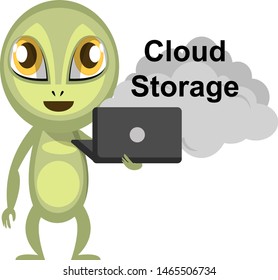 Alien use cloud storage, illustration, vector on white background.