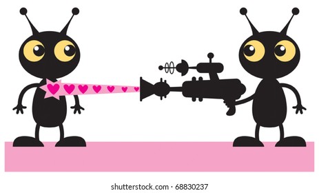 Alien valentine, vector silhouette cartoon of an alien shooting another alien in the heart with his/her ray gun of love