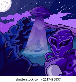 Alien vector art illustration with ufo and mountain in the night sky