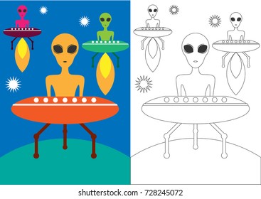 alien vector cartoon, coloring book or page