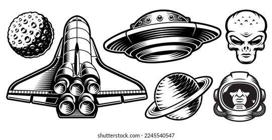 Alien vector graphics set isolated on white background such as asteroid, spaceship, Saturn planet, flying saucer, alien head, astronaut helmet