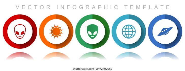 Alien vector icon collection, miscellaneous icons such as star, ufo, space ship and globe, flat design infographic template in eps 10