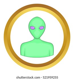 Alien vector icon in golden circle, cartoon style isolated on white background