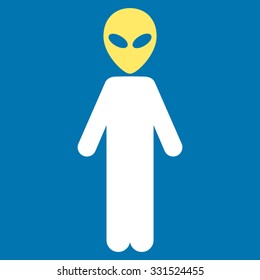 Alien vector icon. Style is flat bicolor yellow and white symbol, rounded angles, blue background.