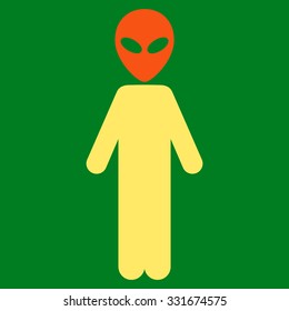 Alien vector icon. Style is flat bicolor orange and yellow symbol, rounded angles, green background.