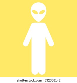 Alien vector icon. Style is flat white symbol, rounded angles, yellow background.