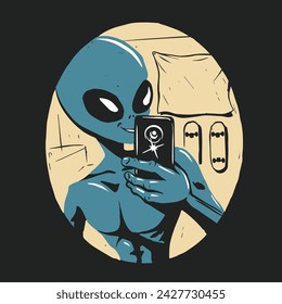 alien vector illustration of a teenage boy taking a selfie in his bedroom mirror while smiling, behind him several skateboards hanging on the wall and a banner where you can put your logo