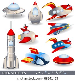 Alien vehicles vector illustrations