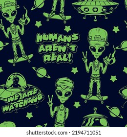 Alien Vintage Muster nahtlos farbig mit hipster Martian mit Zigarette auf Skateboard und nicht identifizierten fliegenden Saucera in Weltraum Vektorgrafik