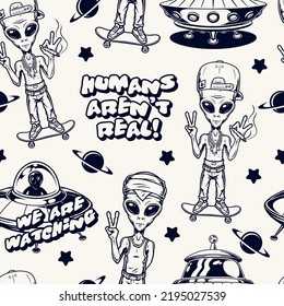 Alien vintage seamless pattern monochrome with peaceful humanoids on skateboards and UFOs among stars and planets of universe vector illustration