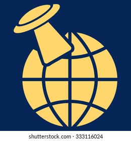 Alien Visit vector icon. Style is flat symbol, yellow color, rounded angles, blue background.
