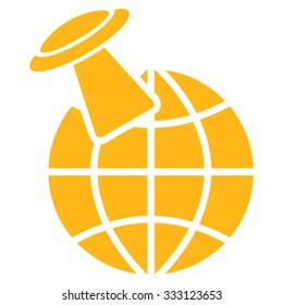 Alien Visit vector icon. Style is flat symbol, yellow color, rounded angles, white background.