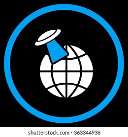 Alien Visit vector icon. Style is bicolor flat circled symbol, blue and white colors, rounded angles, black background.