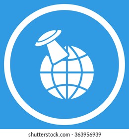 Alien Visit vector icon. Style is flat circled symbol, white color, rounded angles, blue background.