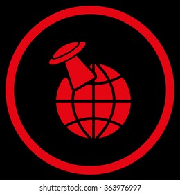 Alien Visit vector icon. Style is flat circled symbol, red color, rounded angles, black background.