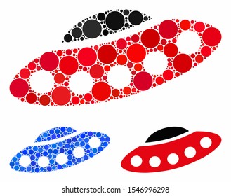 Alien visitors spaceship composition of circle elements in variable sizes and color tints, based on alien visitors spaceship icon. Vector circle elements are united into blue composition.