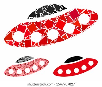 Alien visitors spaceship composition of trembly items in different sizes and shades, based on alien visitors spaceship icon. Vector tuberous items are combined into composition.