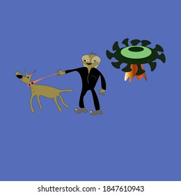 an alien is walking a dog and nearby a flying saucer emits fire.