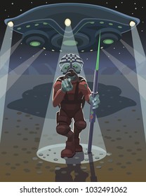 Alien warrior with spear with green tip is a new unknown weapon, it chose you and shows with your finger!