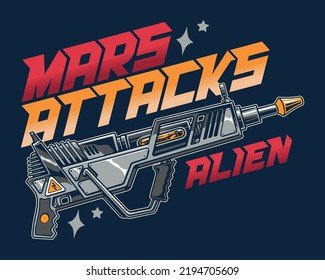 Articulación alienígena elemento vintage colorido blaster de guerra espacial para batallas por galaxia con palabras mars ataque ilustración vectorial