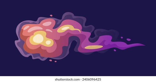 Rayo láser de arma alienígena. Rayo plasmático líquido, humo o disparo desde el espacio futurista. Fuego de Raygun o de los rastros de la energía. Dibujo vectorial plano de dibujos animados aislado en fondo oscuro