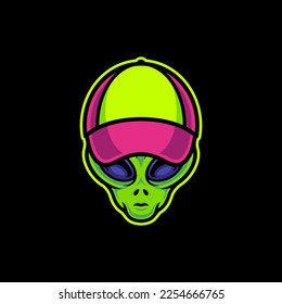 Alien Wearing Baseball Hat Vector Art Illustration on Isolated Background. Alien Vector Illustration. Alien Logo Concept. Alien Cartoon Style Illustration.