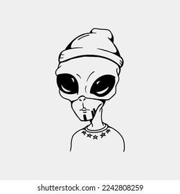 Alien wearing beanie black and white illustration