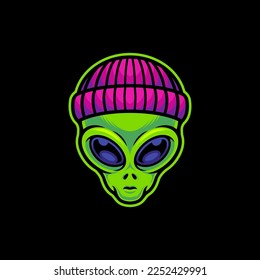 Alien Wearing Beanie Hat Vector Art Illustration on Isolated Background.