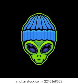 Alien Wearing Blue Beanie Hat Vector Art Illustration on Isolated Background