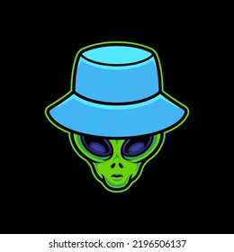 Alien Wearing Blue Bucket Hat Vector Cartoon Art Illustration on Isolated Background