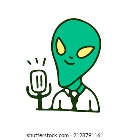 Alien wearing businessman suit and talking in microphone, illustration for t-shirt, sticker, or apparel merchandise. With doodle, retro, and cartoon style.