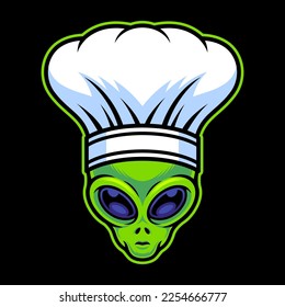 Alien Wearing Chef Hat Vector Art Illustration on Isolated Background. Alien Vector Illustration. Alien Logo Concept. Alien Cartoon Style Illustration.