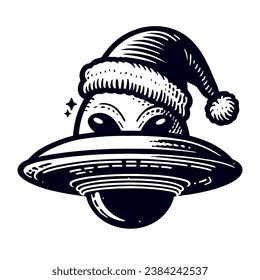 alien usando un sombrero de Navidad con un dibujo de una nave espacial